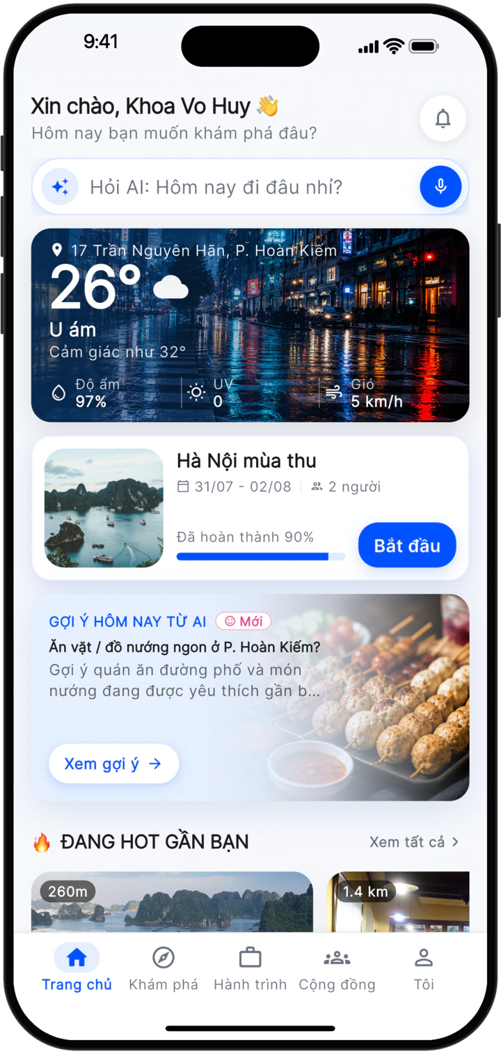 Trang chủ Đi Đâu AI: thời tiết nơi bạn đứng, chuyến đi sắp tới và gợi ý từ AI